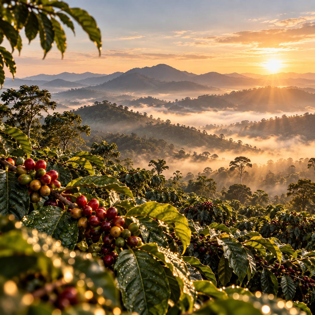 Illustrative image: ripe coffee cherries in close focus with misty highland forest in the background at sunrise.