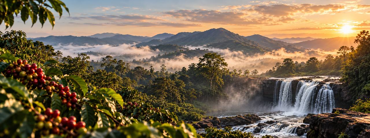 Illustrative image: highland forest, mist and a distant waterfall at sunrise, with coffee cherries in the foreground.