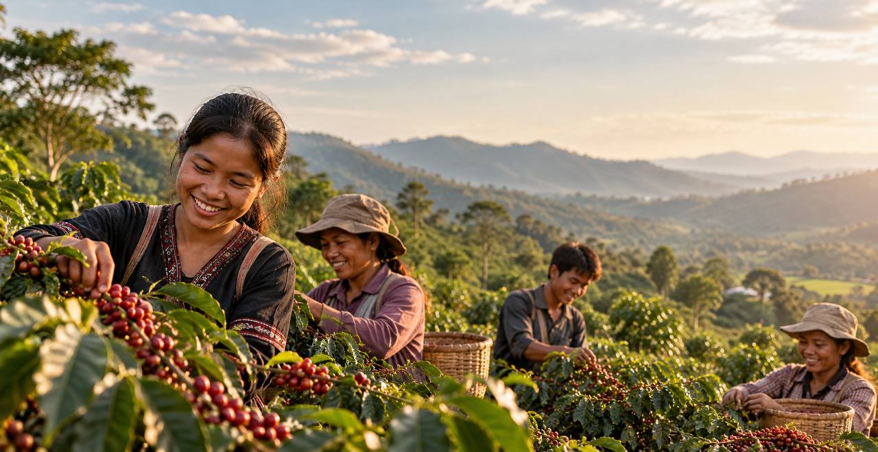 Illustrative image: coffee harvesters working among coffee plants in a highland landscape.